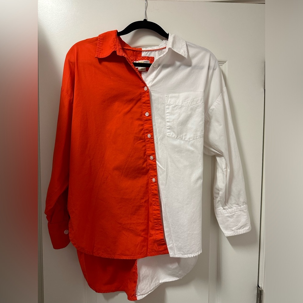 Maeve Anthropology Colorblock Button-Up Shirt in Orange White 100% cotton - Picture 5 of 8